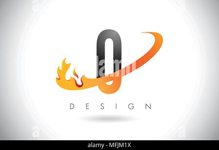O Letter Logo Design with Fire Flames and Orange Swoosh Vector Illustration. Stock Vector