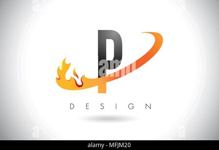P Letter Logo Design with Fire Flames and Orange Swoosh Vector Illustration. Stock Vector