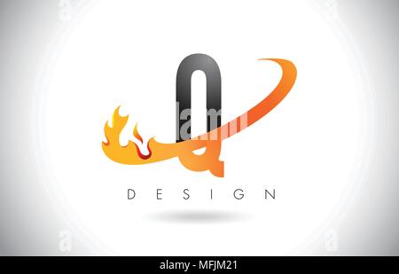 Q Letter Logo Design with Fire Flames and Orange Swoosh Vector Illustration. Stock Vector