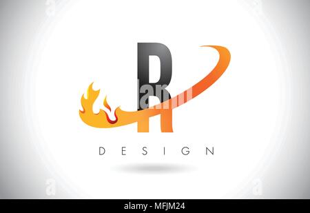 R Letter Logo Design with Fire Flames and Orange Swoosh Vector Illustration. Stock Vector