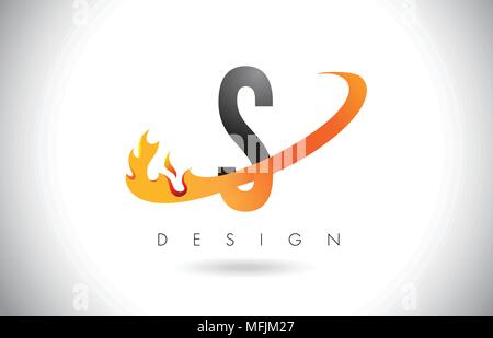 S Letter Logo Design with Fire Flames and Orange Swoosh Vector Illustration. Stock Vector