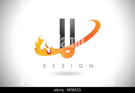 U Letter Logo Design with Fire Flames and Orange Swoosh Vector Illustration. Stock Vector
