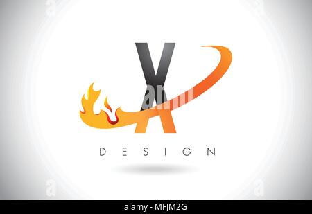 X Letter Logo Design with Fire Flames and Orange Swoosh Vector Illustration. Stock Vector