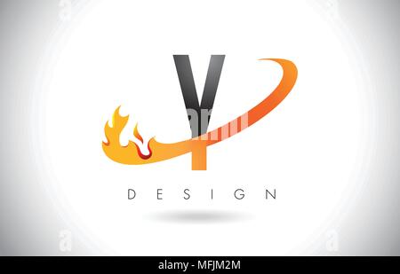 Y Letter Logo Design with Fire Flames and Orange Swoosh Vector Illustration. Stock Vector