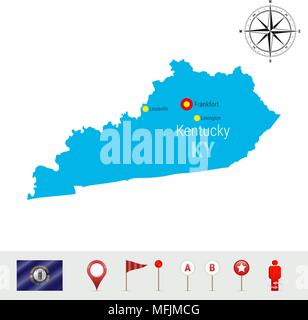 Kentucky Vector Map Isolated on White Background. High Detailed Silhouette of Kentucky State. Vector Flag of Kentucky. 3D Map Markers or Pointers, Nav Stock Vector