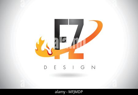 FZ F Z Letter Logo Design with Fire Flames and Orange Swoosh Vector Illustration. Stock Vector