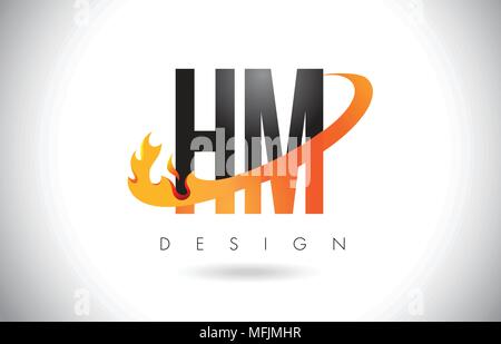 HM H M Letter Logo Design with Fire Flames and Orange Swoosh Vector Illustration. Stock Vector