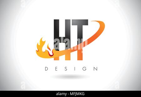 HT H T Letter Logo Design with Fire Flames and Orange Swoosh Vector Illustration. Stock Vector