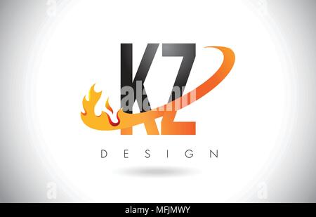 KZ K Z Letter Logo Design with Fire Flames and Orange Swoosh Vector Illustration. Stock Vector
