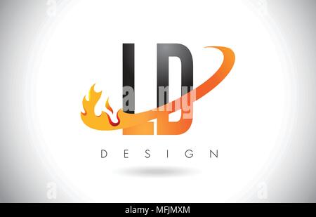 LD L D Letter Logo Design with Fire Flames and Orange Swoosh Vector Illustration. Stock Vector