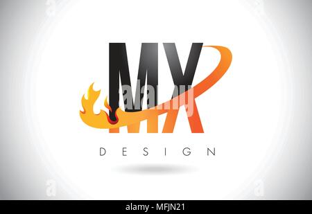 MX M X Letter Logo Design with Fire Flames and Orange Swoosh Vector Illustration. Stock Vector