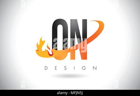 ON O N Letter Logo Design with Fire Flames and Orange Swoosh Vector Illustration. Stock Vector