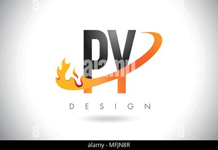PY P Y Letter Logo Design with Fire Flames and Orange Swoosh Vector Illustration. Stock Vector
