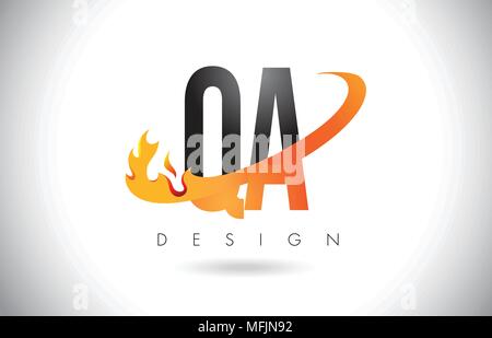 QA Q A Letter Logo Design with Fire Flames and Orange Swoosh Vector Illustration. Stock Vector