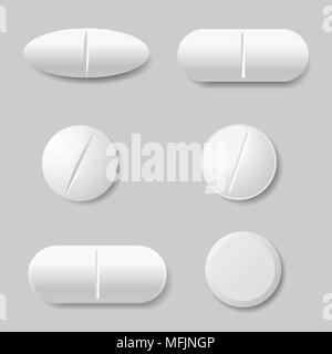 Set of vector illustrations of white medicine pills, round and oval - isolated on gray background Stock Vector