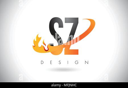 SZ S Z Letter Logo Design with Fire Flames and Orange Swoosh Vector Illustration. Stock Vector