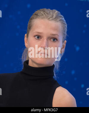 25 April 2018, Germany, Schoenefeld: The model Toni Garrn participates in a press call for the International Air Show «ILA 2018» in the south of Berlin. The air show presents more than 200 planes to an expected 150,000 visitors from 25 to 29 April 2018. Photo: Ralf Hirschberger/dpa Stock Photo