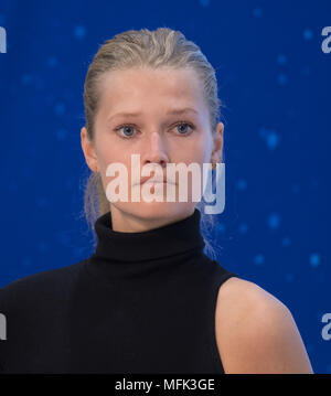 25 April 2018, Germany, Schoenefeld: The model Toni Garrn participates in a press call for the International Air Show «ILA 2018» in the south of Berlin. The air show presents more than 200 planes to an expected 150,000 visitors from 25 to 29 April 2018. Photo: Ralf Hirschberger/dpa Stock Photo