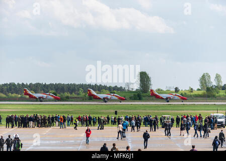 The aerobatic squadron of the Spanish Air Force Patrulla Aguila about to flies an air show during the first day of the International Air and Space Exhibition at Schoenefeld Airport. Over 150,000 visitors will visit the Civil and Military Aerospace Fair. Stock Photo