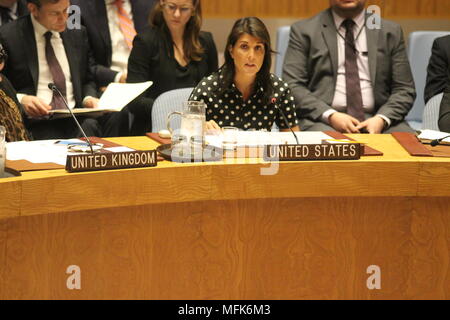 UN, New York, USA. 26th April, 2018. Nikki Haley, US Ambassador, spoke to UN Security Council about the Middle East. Photo: Matthew Russell Lee / Inner City Press Credit: Matthew Russell Lee/Alamy Live News Stock Photo