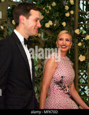 Washington, USA. 24th Apr, 2018. Jared Kushner and Ivanka Trump arrive for the State Dinner honoring Dinner honoring President Emmanuel Macron of the French Republic and Mrs. Brigitte Macron at the White House in Washington, DC on Tuesday, April 24, 2018. Credit: Ron Sachs/CNP - NO WIRE SERVICE - Credit: Ron Sachs/Consolidated News Photos/Ron Sachs - CNP/dpa/Alamy Live News Stock Photo