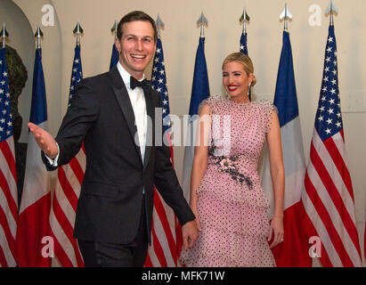 Washington, USA. 24th Apr, 2018. Jared Kushner and Ivanka Trump arrive for the State Dinner honoring Dinner honoring President Emmanuel Macron of the French Republic and Mrs. Brigitte Macron at the White House in Washington, DC on Tuesday, April 24, 2018. Credit: Ron Sachs/CNP - NO WIRE SERVICE - Credit: Ron Sachs/Consolidated News Photos/Ron Sachs - CNP/dpa/Alamy Live News Stock Photo