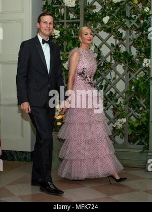 Washington, USA. 24th Apr, 2018. Jared Kushner and Ivanka Trump arrive for the State Dinner honoring Dinner honoring President Emmanuel Macron of the French Republic and Mrs. Brigitte Macron at the White House in Washington, DC on Tuesday, April 24, 2018. Credit: Ron Sachs/CNP - NO WIRE SERVICE - Credit: Ron Sachs/Consolidated News Photos/Ron Sachs - CNP/dpa/Alamy Live News Stock Photo