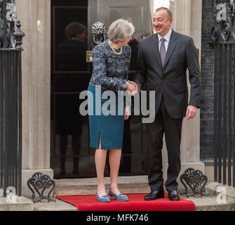 Downing Street, London, UK. 26 April, 2018. Prime Minister Theresa May welcomes the President of the Republic of Azerbaijan, Ilham Aliyev, to 10 Downing Street. Credit: Malcolm Park/Alamy Live News. Stock Photo