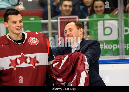 Riga, Latvia. 26th Apr, 2018.. Arturs Irbe, legendary hockey goalie honorary retirement ceremony in Riga,Latvia Credit: Gints Ivuskans/Alamy Live News Stock Photo