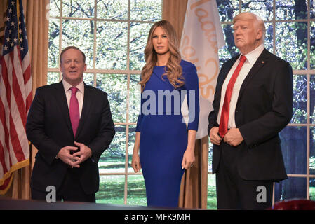New York, USA. 26th Apr, 2018. Sean Spicer reveals the first Madame Tussauds Melania Trump figure at the launch of the 'Give Melania A Voice' Experience at Madame Tussauds on April 25, 2018 in New York City. Credit: Erik Pendzich/Alamy Live News Stock Photo