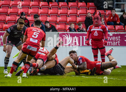 Manchester, UK. 26th April 2018 , AJ Bell Stadium, Manchester, England; Betfred Super League rugby, Round 13, Salford Red Devils v St Helens ;  Ryan Morgan of St Helens goes over for a try Credit: News Images /Alamy Live News Stock Photo