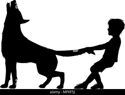 Editable vector silhouette illustration of a boy pulling the tail of a howling wolf with figures as separate objects Stock Vector