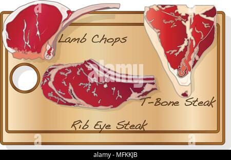 steaks  set on wood plate collection on white Stock Vector