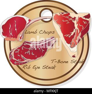 steaks  set on wood plate collection on white Stock Vector