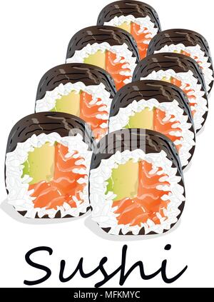 Illustration of roll sushi with salmon, prawn, avocado, cream cheese. Sushi menu. Japanese food isolated on white. Stock Vector