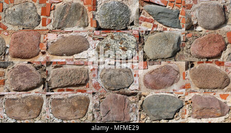 Twenty rectangular fragments of the fortress wall of the castle with large granite boulders. Set collage from several outdoor sunny day photos Stock Photo