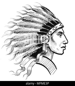 Native American in traditional atire. Ink black and white drawing Stock Photo