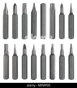 Sixteen steel magnetic inserts for industrial multi function screwdrivers. Isolated on white studio macro set Stock Photo