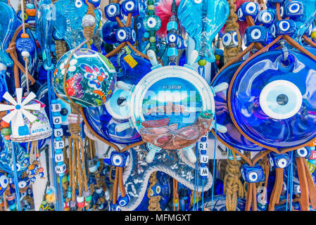 Different kind of blue souvenirs about Bodrum town,a popular destination in Mugla,Turkey.23 August 2017. Stock Photo