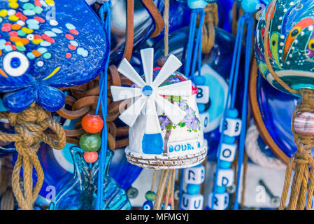 Different kind of blue souvenirs about Bodrum town,a popular destination in Mugla,Turkey.23 August 2017. Stock Photo