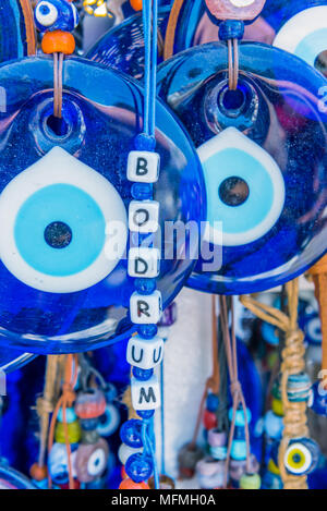 Different kind of blue souvenirs about Bodrum town,a popular destination in Mugla,Turkey.23 August 2017. Stock Photo