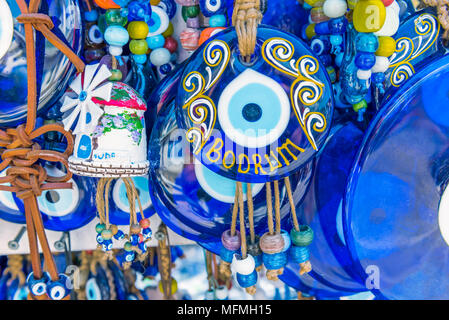 Different kind of blue souvenirs about Bodrum town,a popular destination in Mugla,Turkey.23 August 2017. Stock Photo