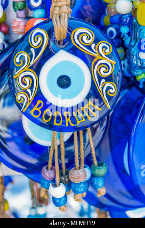 Different kind of blue souvenirs about Bodrum town,a popular destination in Mugla,Turkey.23 August 2017. Stock Photo