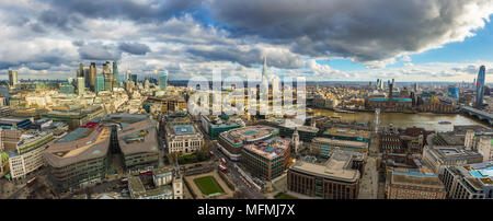 London, England - Panoramic skyline view of London. This view includes the skyscrapers of Bank District, Tower Bridge, Shard skyscraper and Millennium Stock Photo