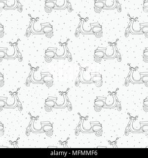 Hand drawn vector seamless pattern with retro scooters contours on the polka dot background. Vintage  design with objects from 1950s and 1960s. Stock Vector