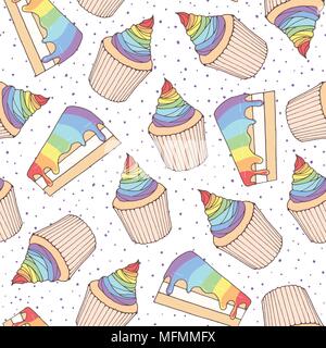 Hand drawn vector pastry seamless pattern with cake pieces and cupcakes covered with colorful rainbow  topping. Pop art ornament on the dotted backgro Stock Vector