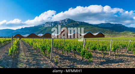 YSIOS WINERY, This pixilated-looking landmark was designed by architect Santiago Calatrava and opened its doors in 2001. This extremely long building  Stock Photo