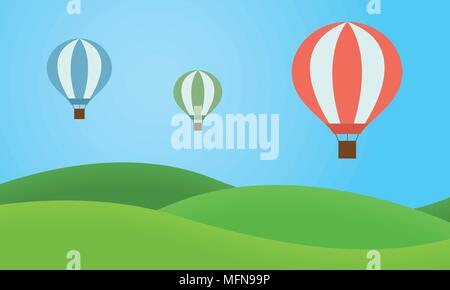 Three colorful hot air balloons flying over the landscape with grassy hills and blue sky - vector, simple flat design Stock Vector