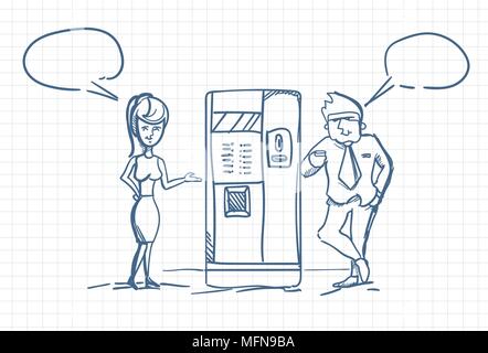 Sketch Business Man And Woman Talking Drinking Coffee Standing At Vending Machine Doodle Over Squared Paper Background Stock Vector