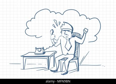 Angry Business Man Talking On Phone Screaming Sit At Office Desk Doodle Over Squared Paper Background Stock Vector